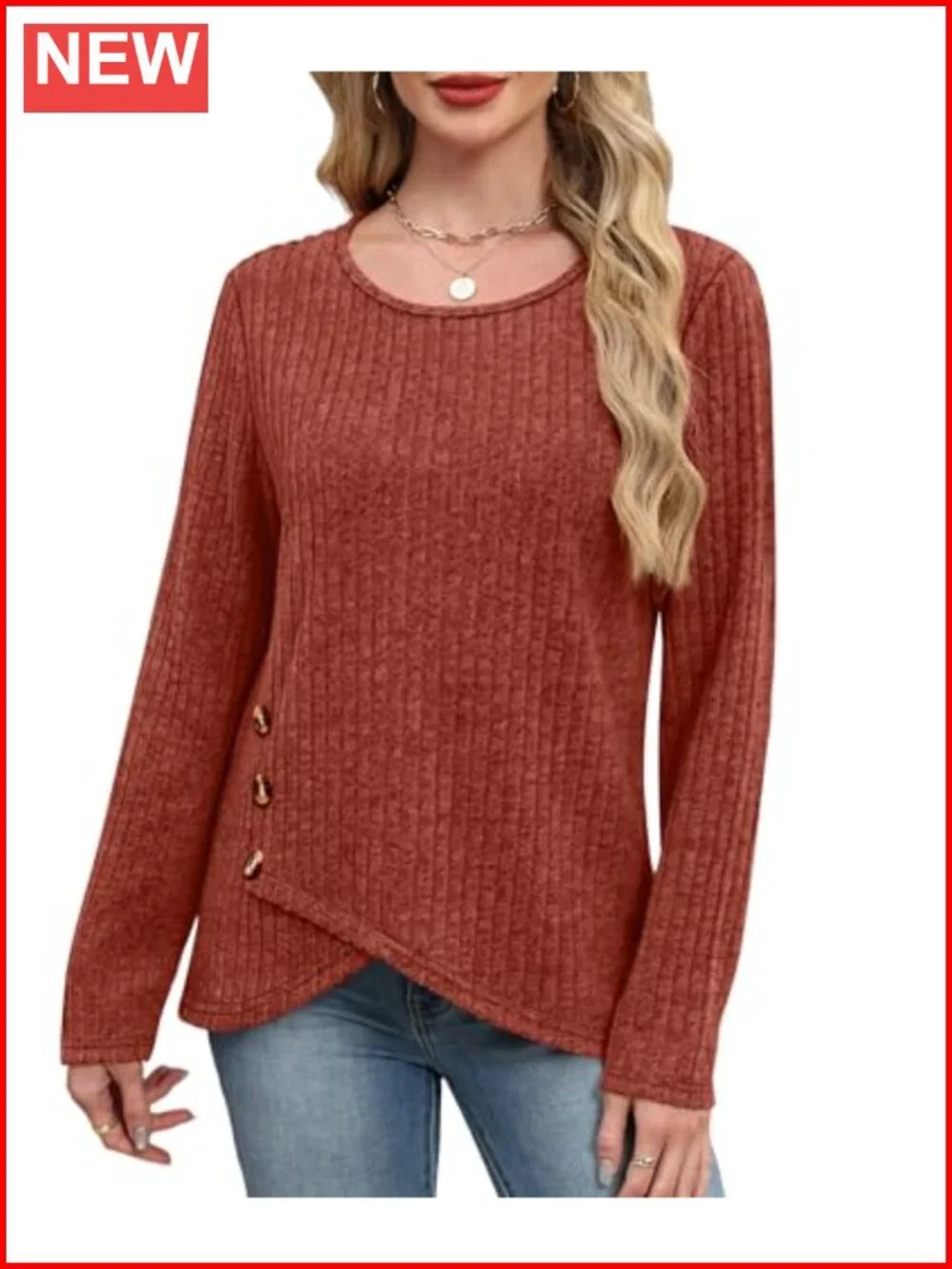Tunic Sweater Women Long Sleeve Crew Neck Button Detail Top